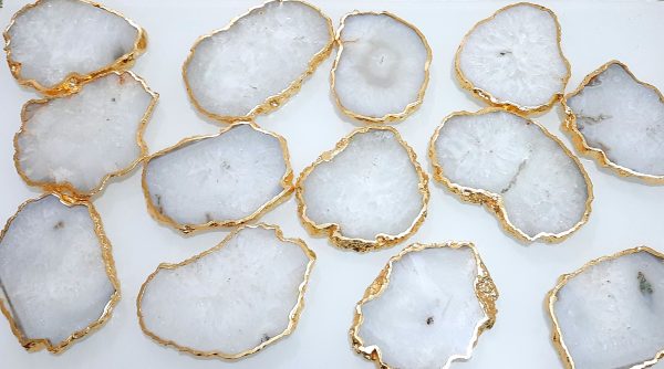 AGATE COASTER 3" INCHES SIZE LOT OF 10 NATURAL GOLD PLATED RIM COASTER