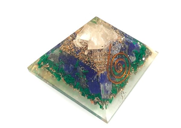 Lapis lazuli malachite and selenite combined stone orgone pyramid 50mm reiki