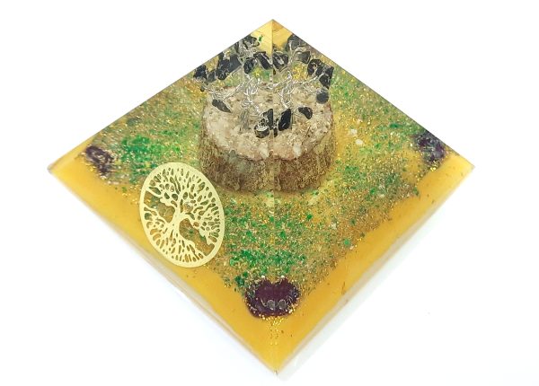 Tree of life EMF 5G protection orgone pyramid with black tourmaline, garnet and malachite chips - Image 4