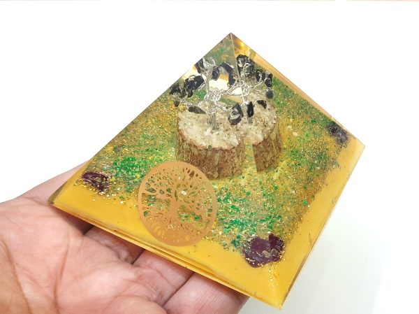 Tree of life EMF 5G protection orgone pyramid with black tourmaline, garnet and malachite chips - Image 6